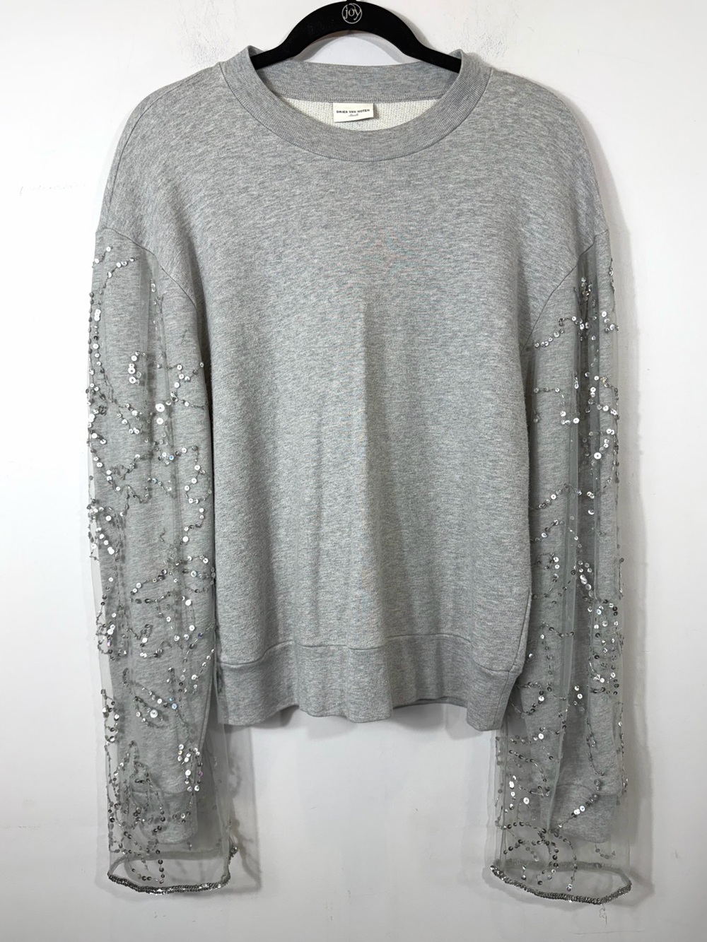 Dries Van Noten Gray Sequin Mesh Sleeve Sweatshirt Pullover Small S Embellished